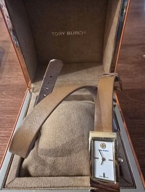 Tory Burch TRB2007 Gold Rectangle Watch Tan Wrap Around Leather Strap